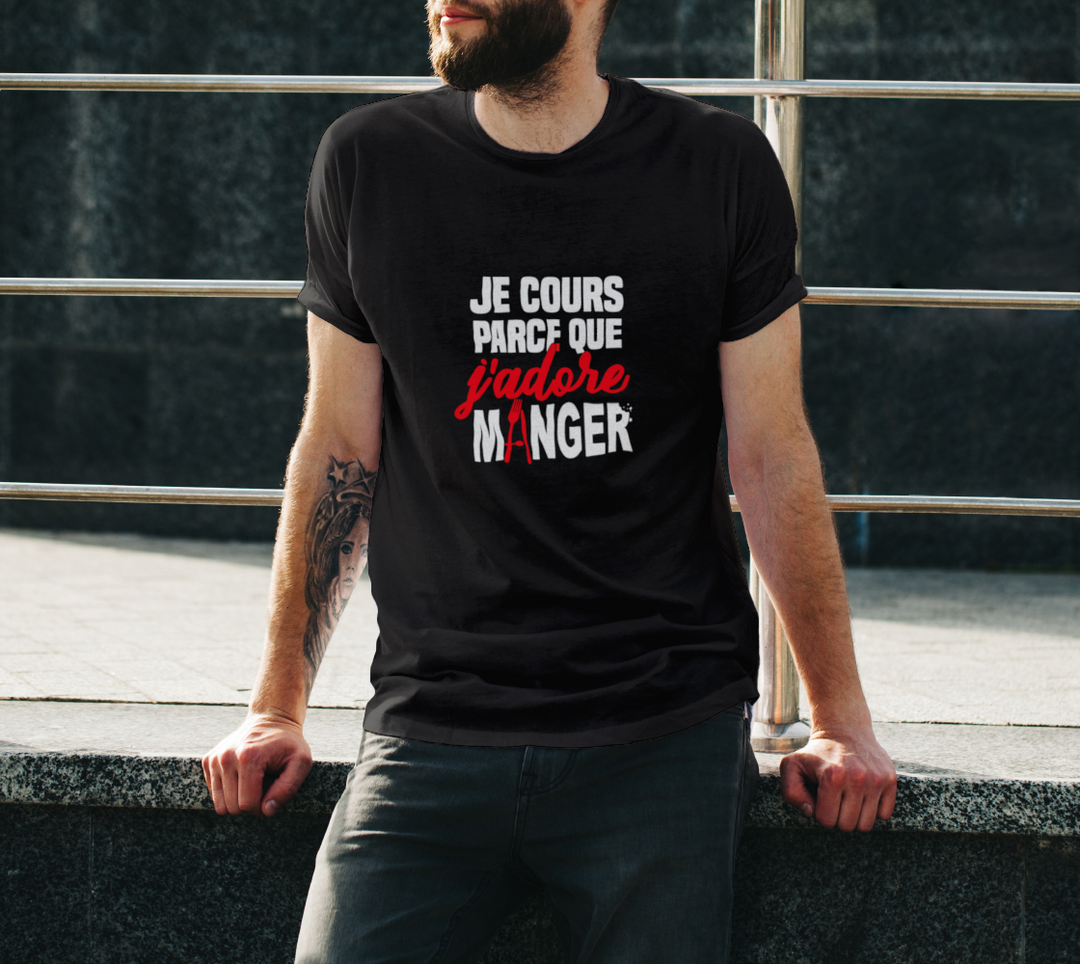 T-shirt je cours parce que j’adore manger