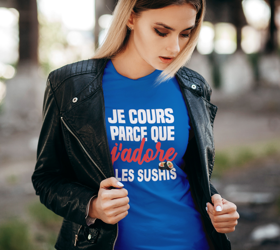 T-shirt je cours parce que j’adore les sushis Bleu