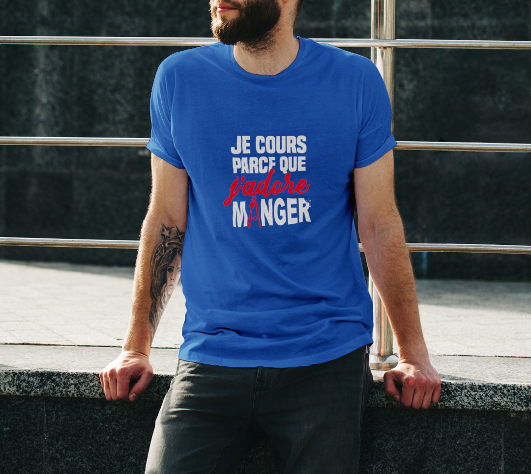 T-shirt je cours parce que j’adore manger Bleu