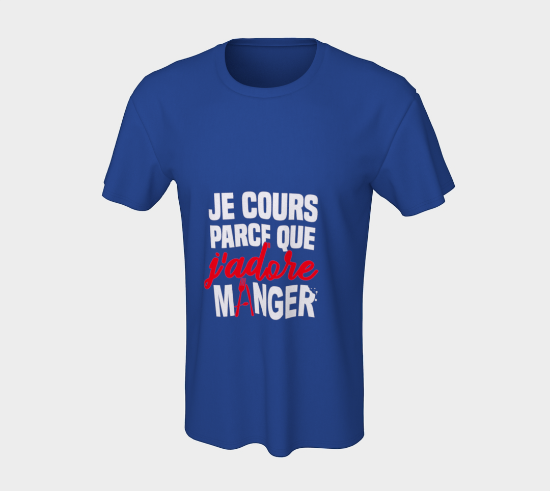 T-shirt je cours parce que j’adore manger Bleu