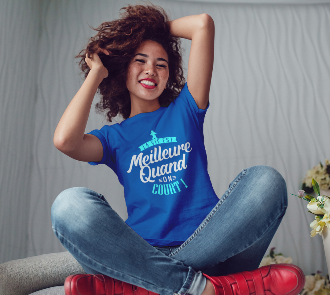 T-shirt la vie est meilleure quand on court Bleu