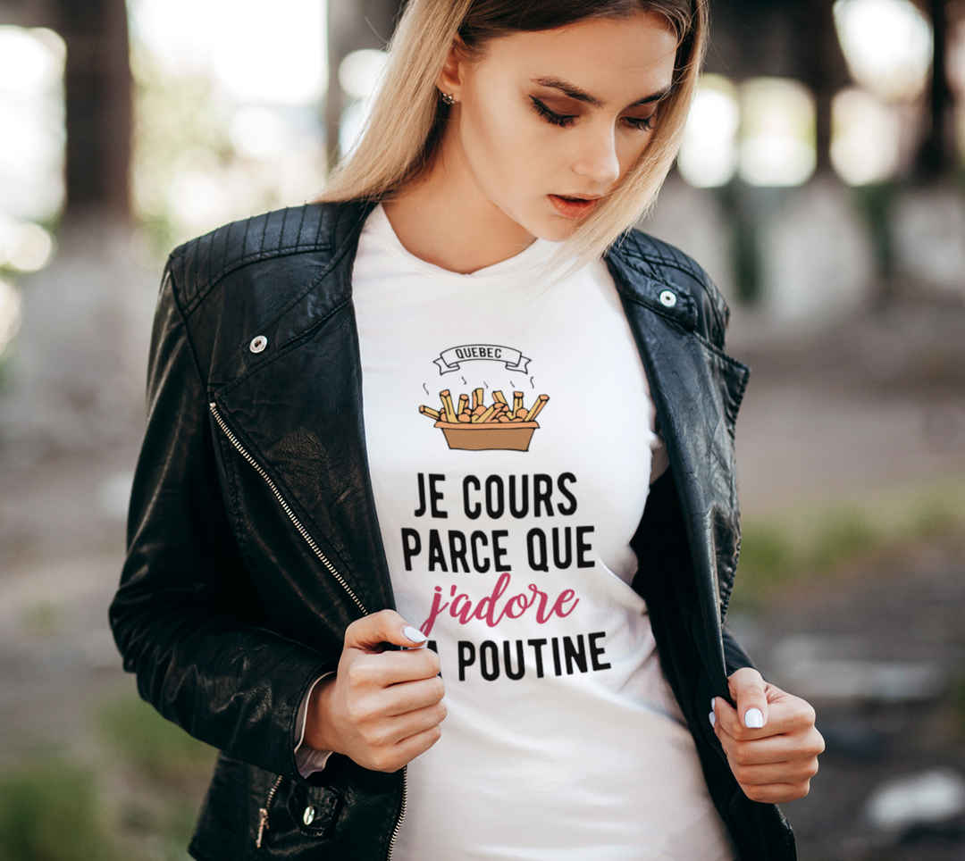 T-shirt F Je cours parce que j’adore le la poutine Blanc