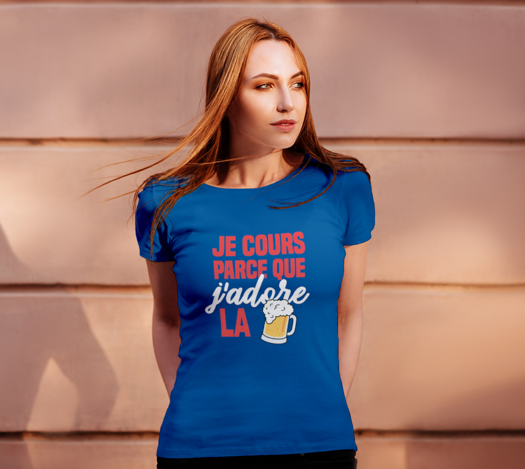 T-shirt je cours parce que j’adore la biere Bleu