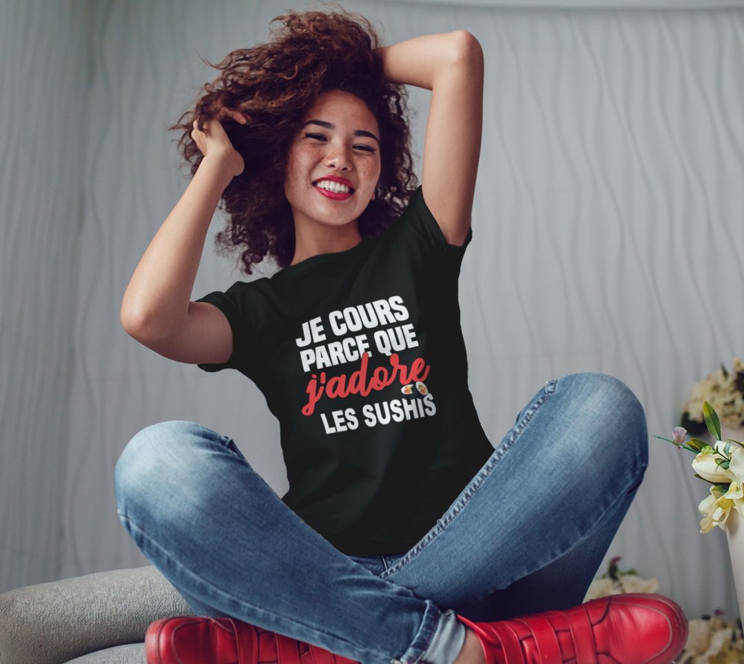 T-shirt je cours parce que j’adore les sushis Noir