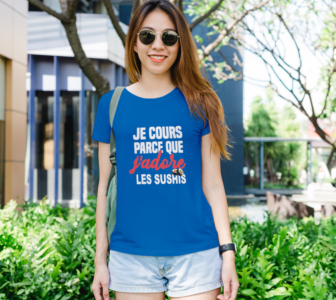 T-shirt je cours parce que j’adore les sushis Bleu