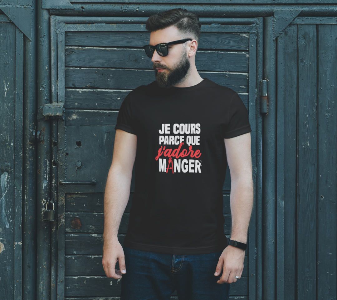 T-shirt je cours parce que j’adore manger