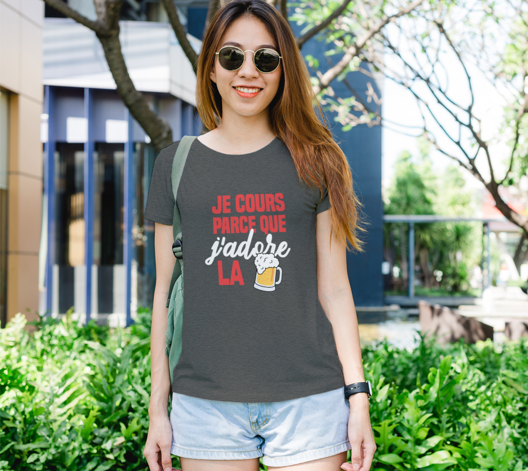T-shirt je cours parce que j’adore la biere Gris