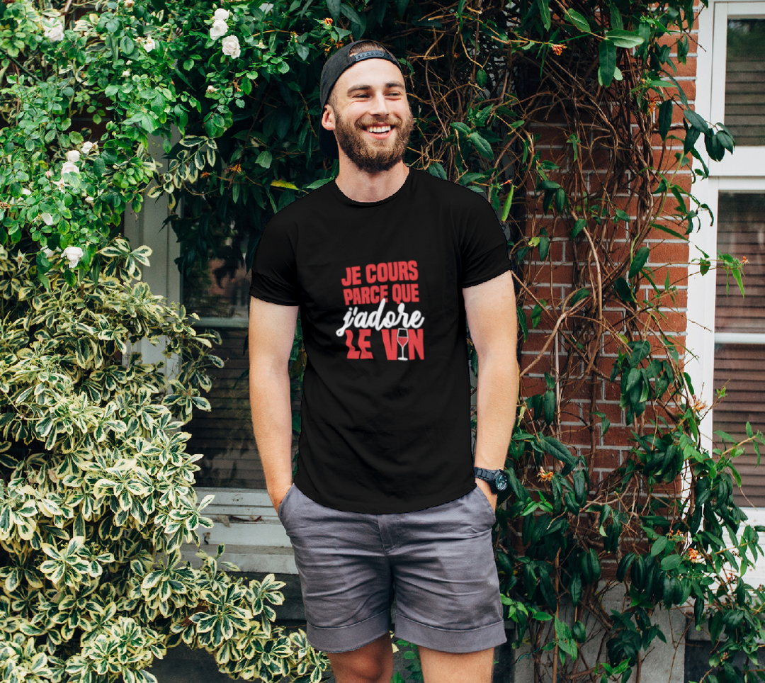 T-shirt je cours parce que j’adore le vin
