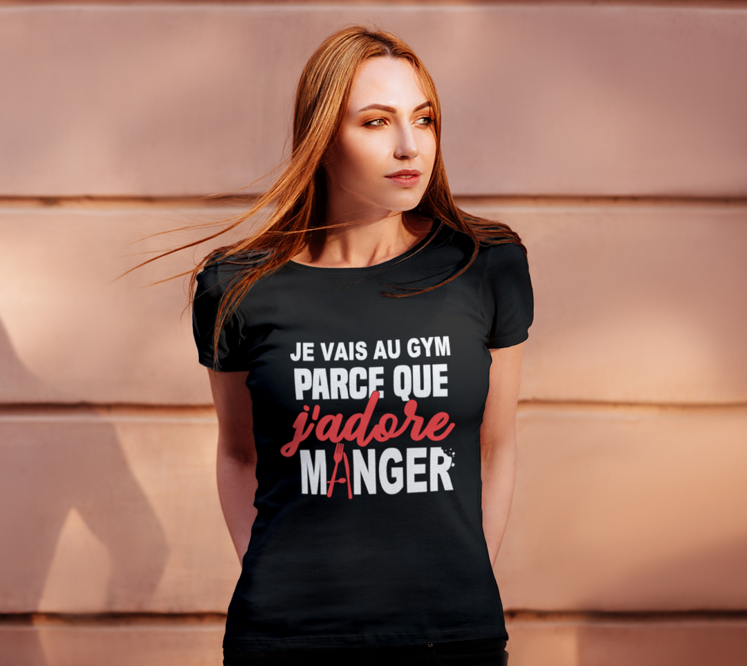 T-shirt je cours parce que j’adore manger Noir