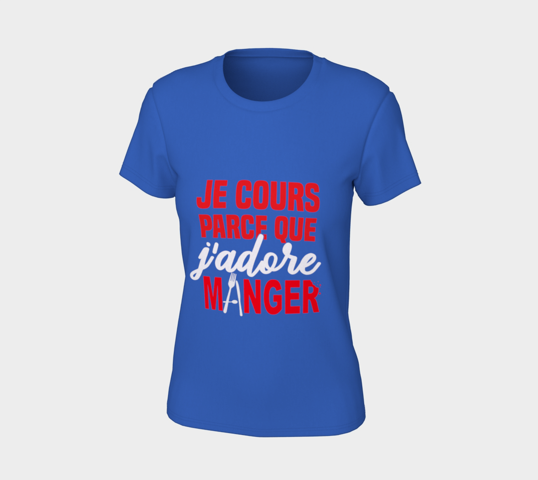 T-shirt je cours parce que j’adore manger Bleu