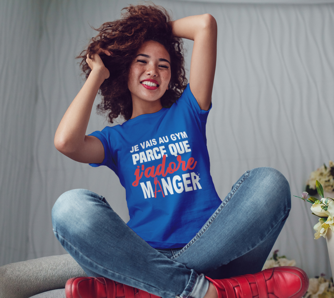 T-shirt je cours parce que j’adore manger LBleu