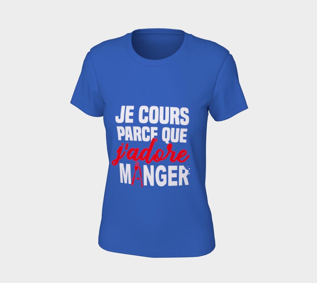 T-shirt je cours parce que j’adore manger Bleu