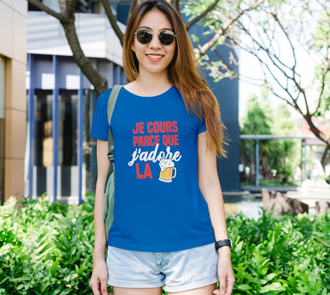 T-shirt je cours parce que j’adore la biere Bleu