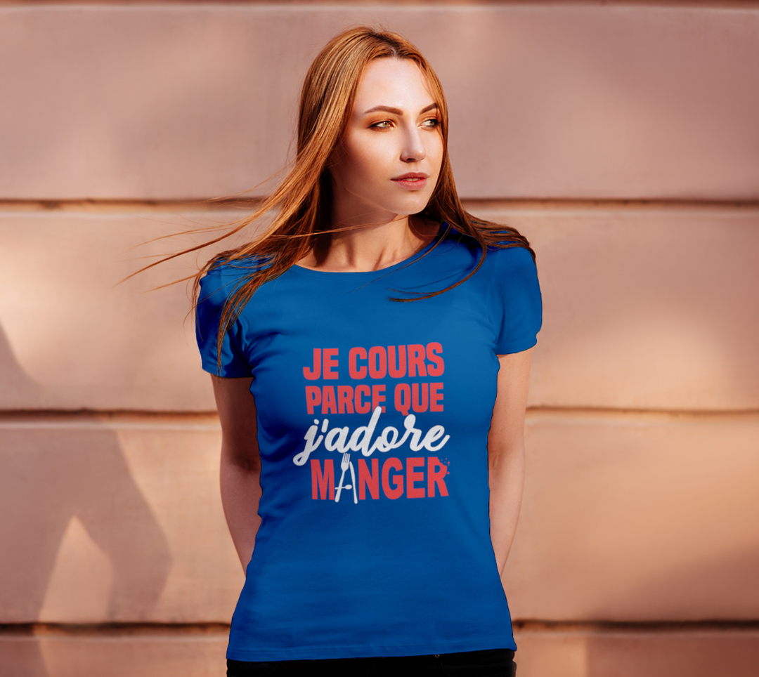 T-shirt je cours parce que j’adore manger Bleu