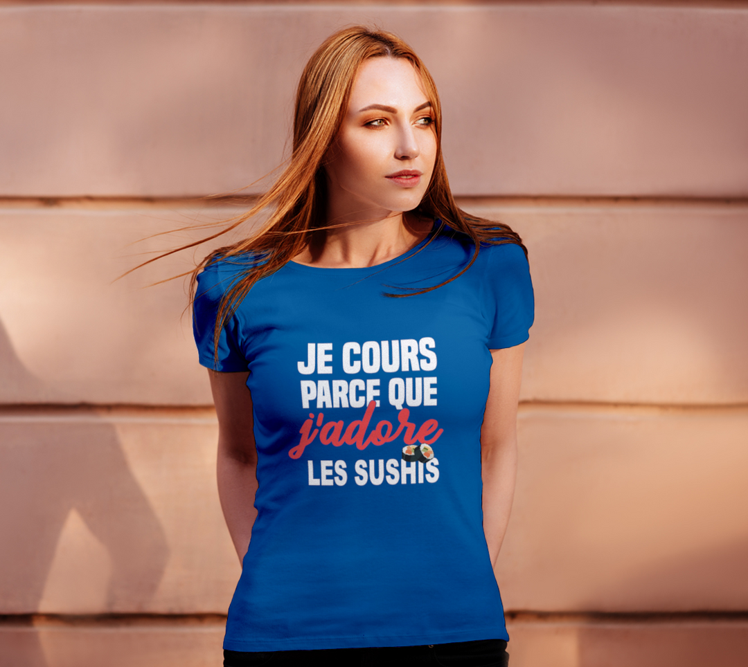 T-shirt je cours parce que j’adore les sushis Bleu