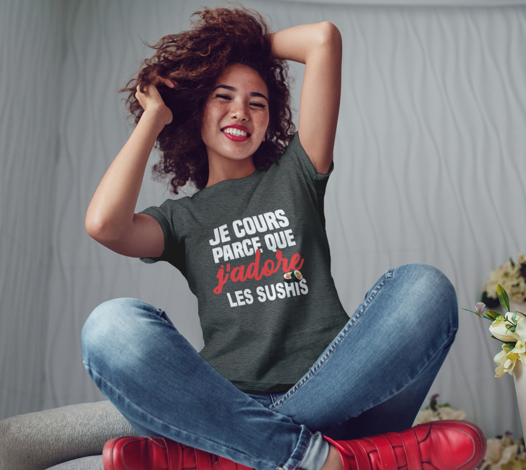 T-shirt je cours parce que j’adore les sushis Gris