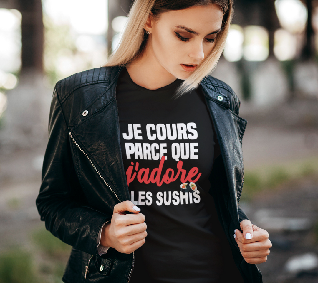 T-shirt je cours parce que j’adore les sushis Noir