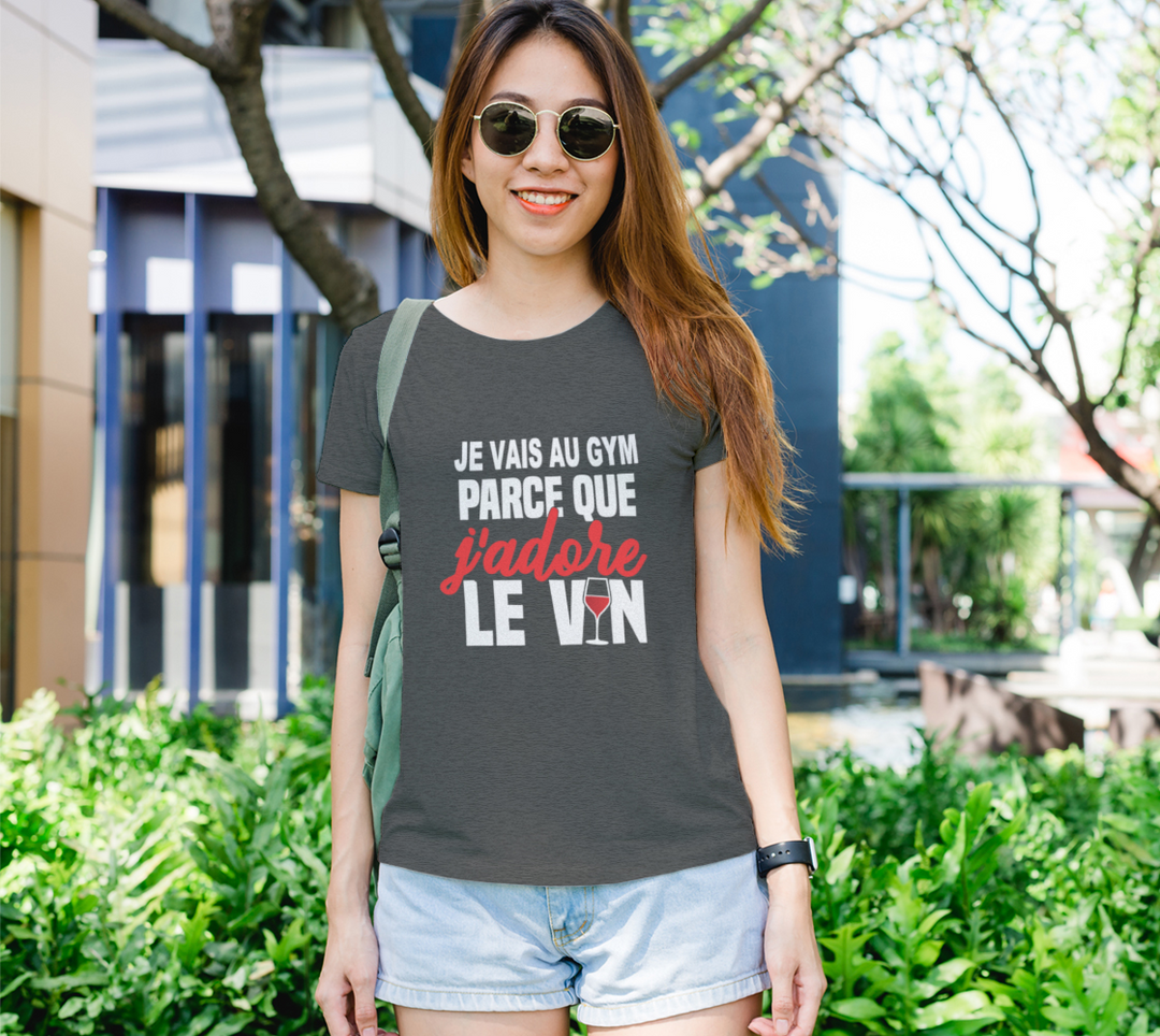 T-shirt je vais au gym parce que le vin Gris