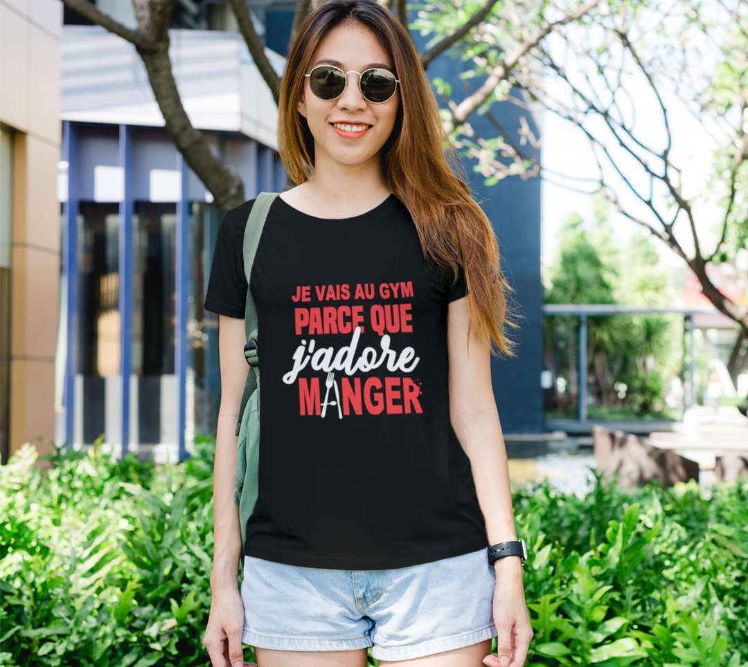 T-shirt je vais au gym parce que j’adore manger Noir