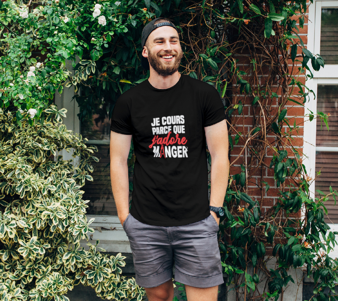 T-shirt je cours parce que j’adore manger