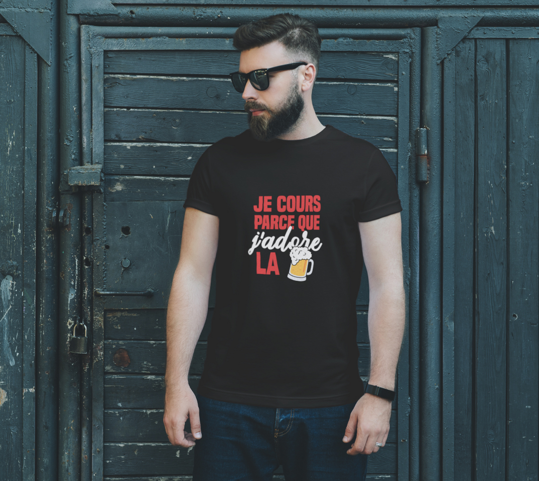 T-shirt je cours parce que j’adore la biere