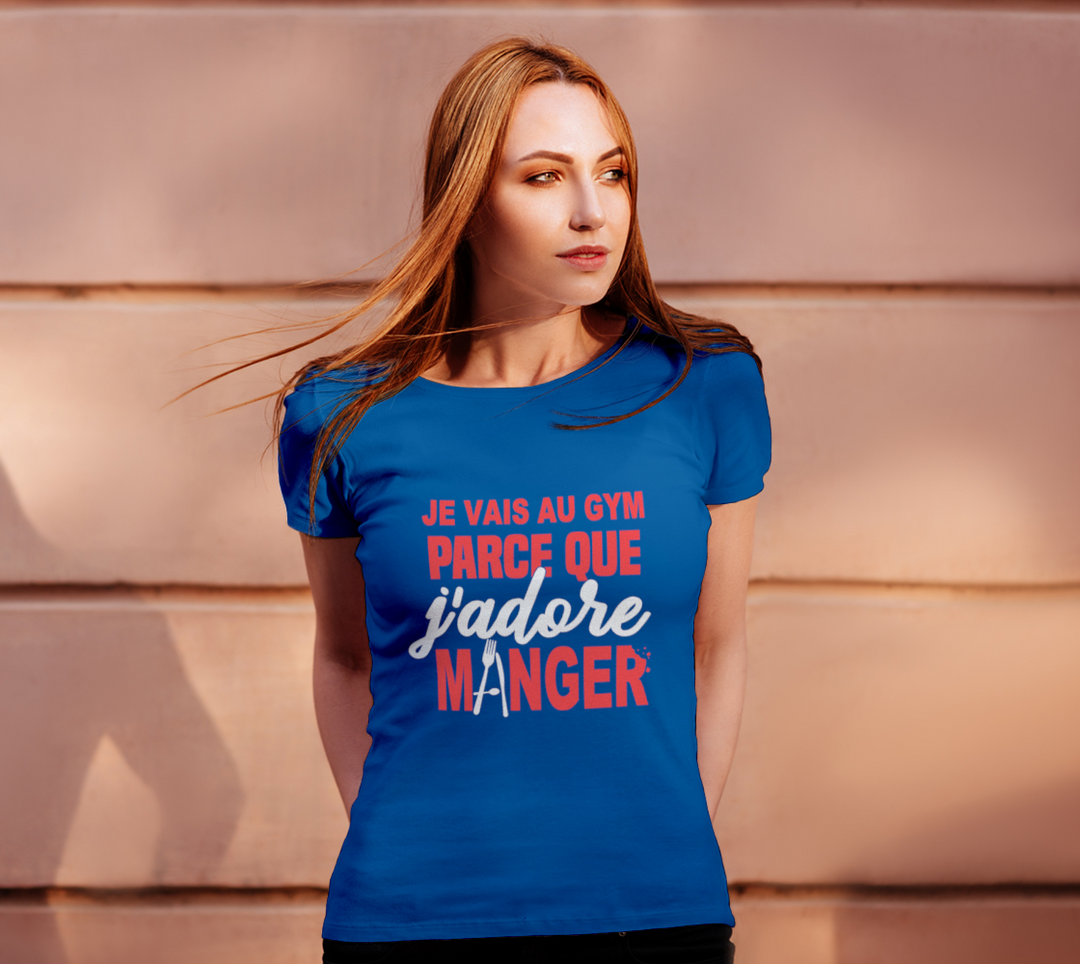 T-shirt je cours parce que j’adore manger Bleu