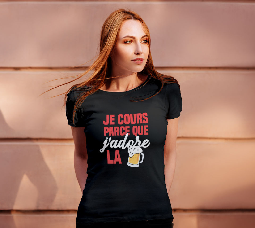 T-shirt je cours parce que j’adore la biere Noir