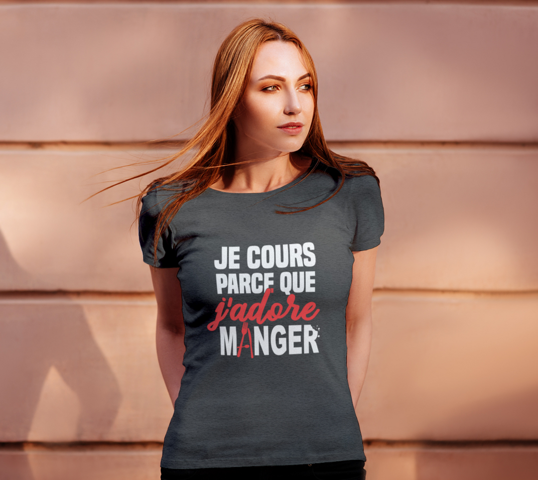 T-shirt je cours parce que j’adore manger Gris
