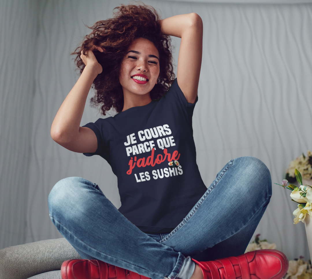 T-shirt je cours parce que j’adore les sushis Violet