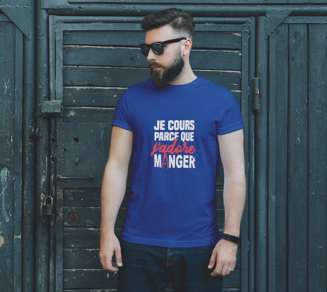 T-shirt je cours parce que j’adore manger Bleu