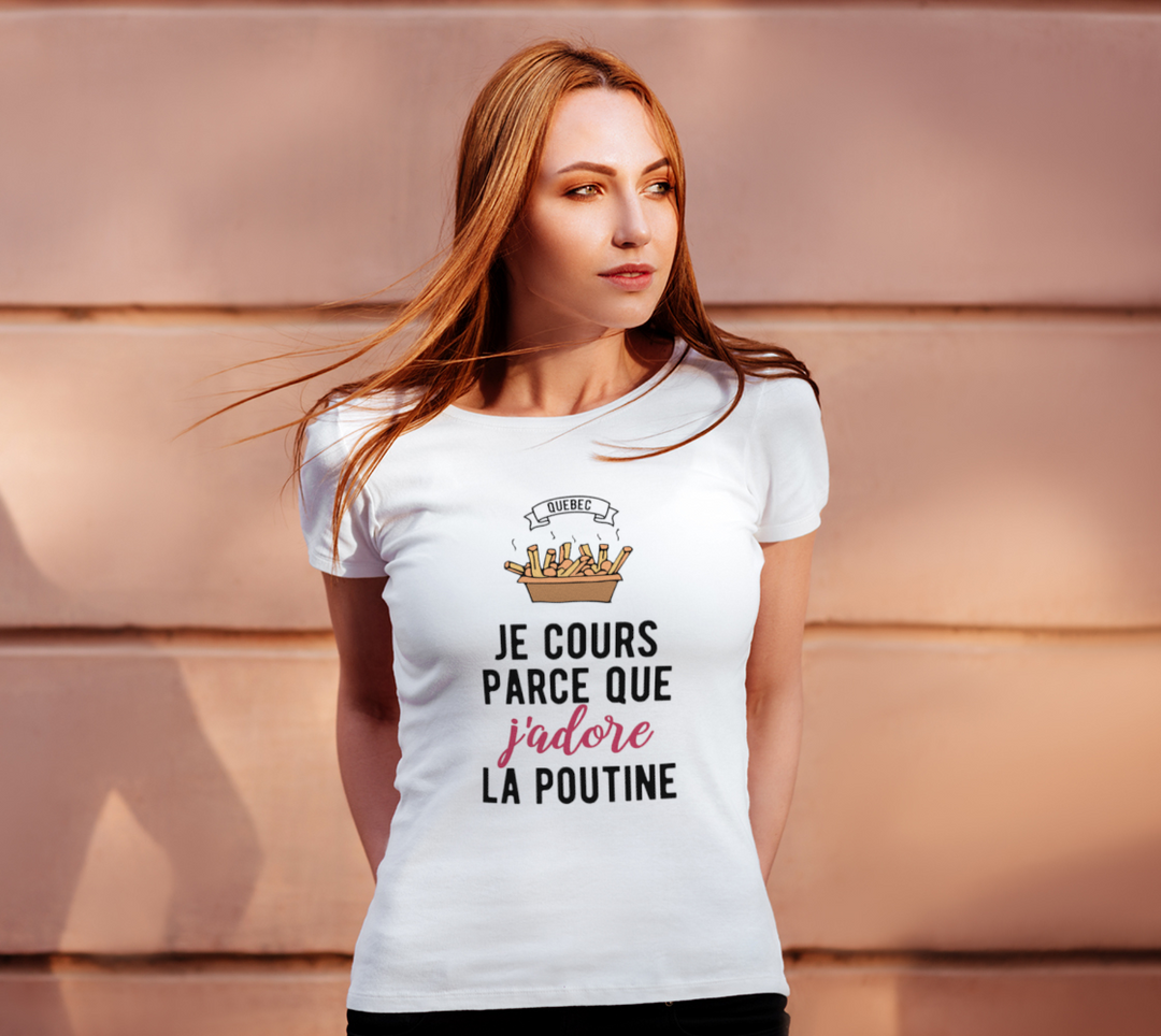 T-shirt F Je cours parce que j’adore le la poutine Blanc