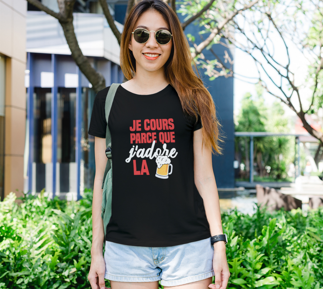 T-shirt je cours parce que j’adore la biere Noir