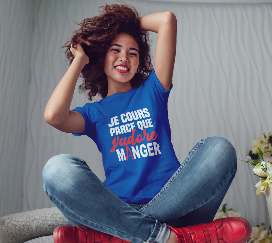 T-shirt je cours parce que j’adore manger Bleu