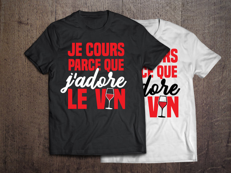 T-shirt  "Je cours parce que j'adore le vin" unisexe noir et blanc running cours à pied