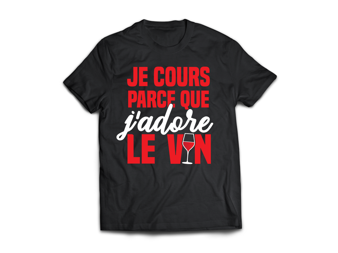 T-shirt  "Je cours parce que j'adore le vin" unisexe noir