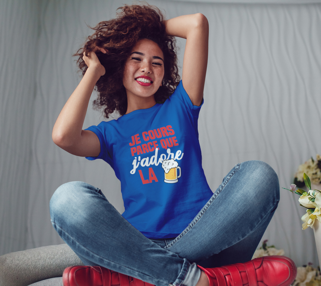 T-shirt je cours parce que j’adore la biere Bleu