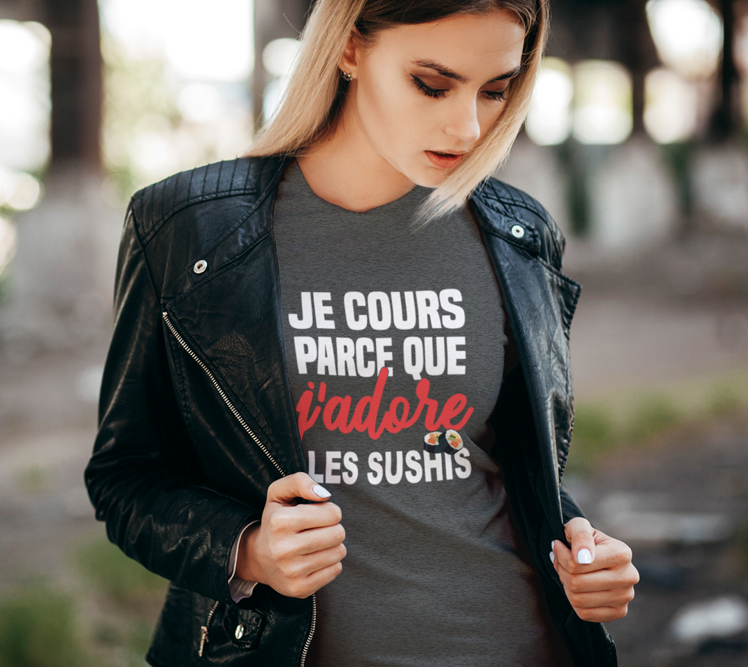 T-shirt je cours parce que j’adore les sushis Gris
