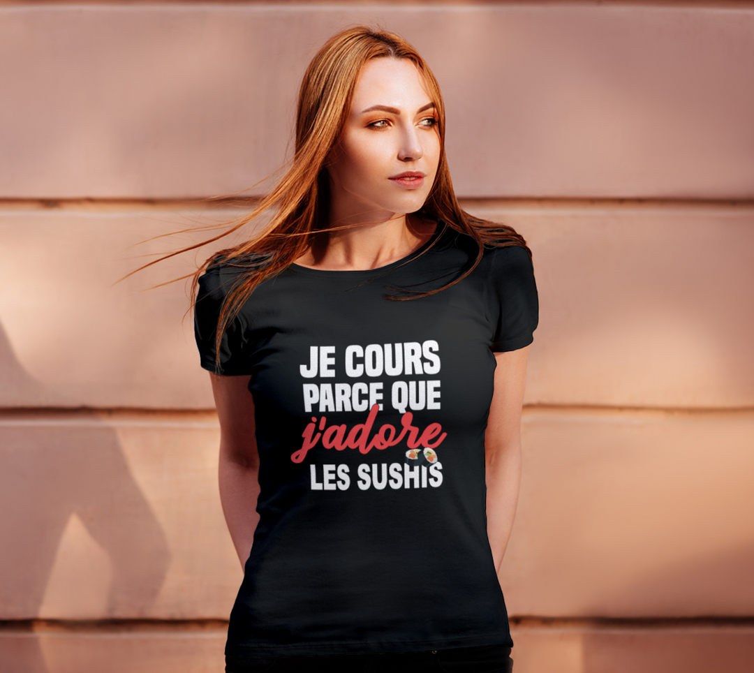 T-shirt je cours parce que j’adore les sushis Noir