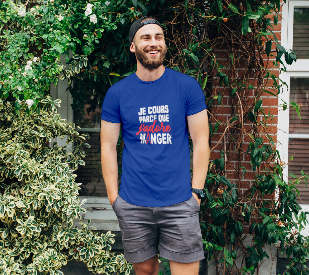T-shirt je cours parce que j’adore manger Bleu