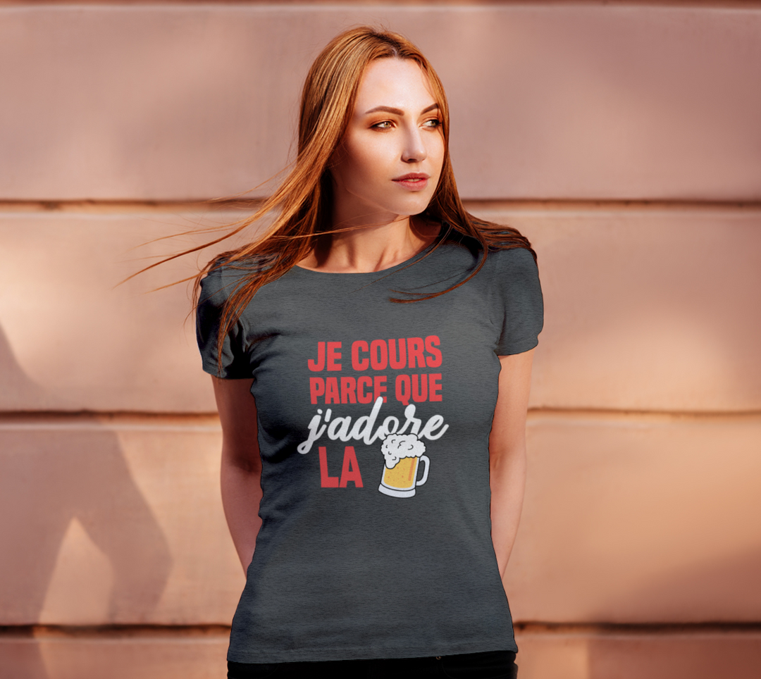 T-shirt je cours parce que j’adore la biere Gris