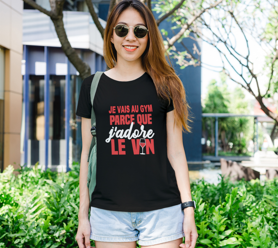 T-shirt je vais au gym parce que le vin L Noir