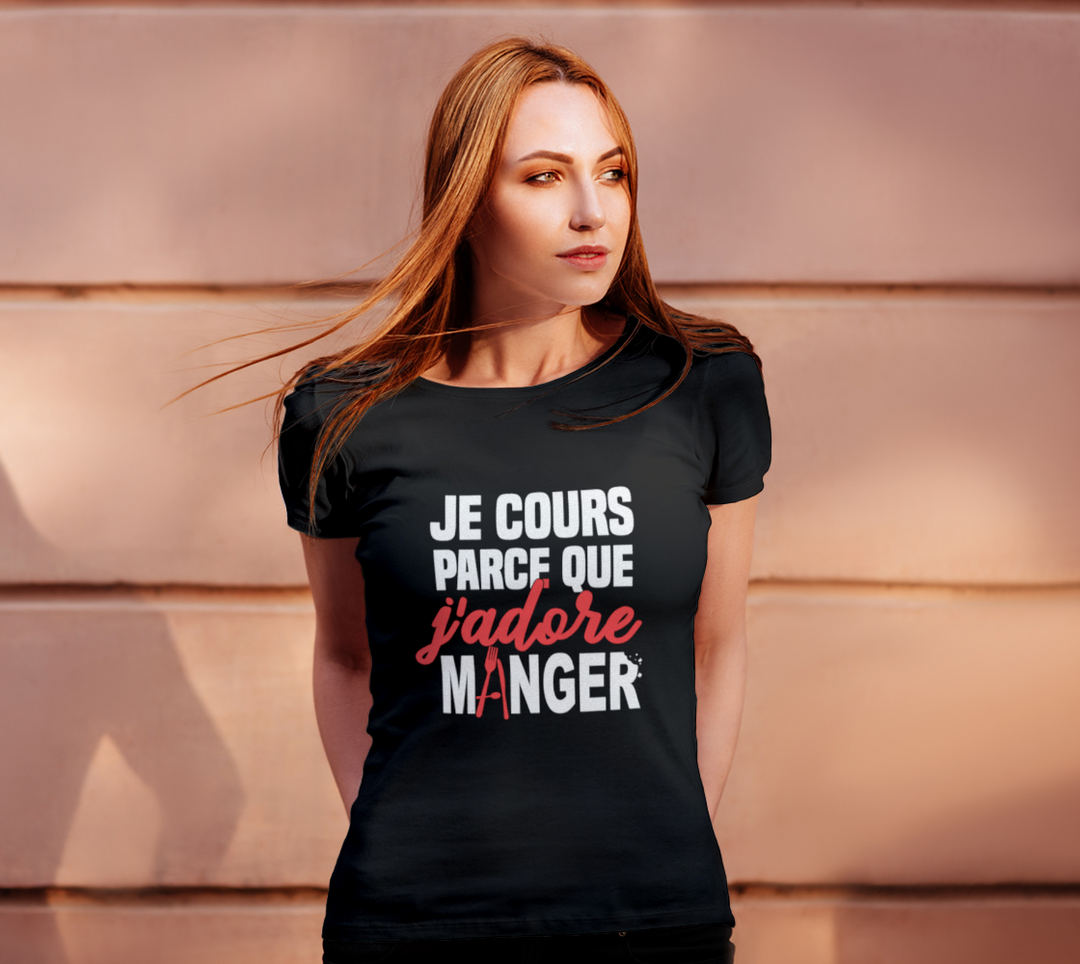 T-shirt je cours parce que j’adore manger Noir