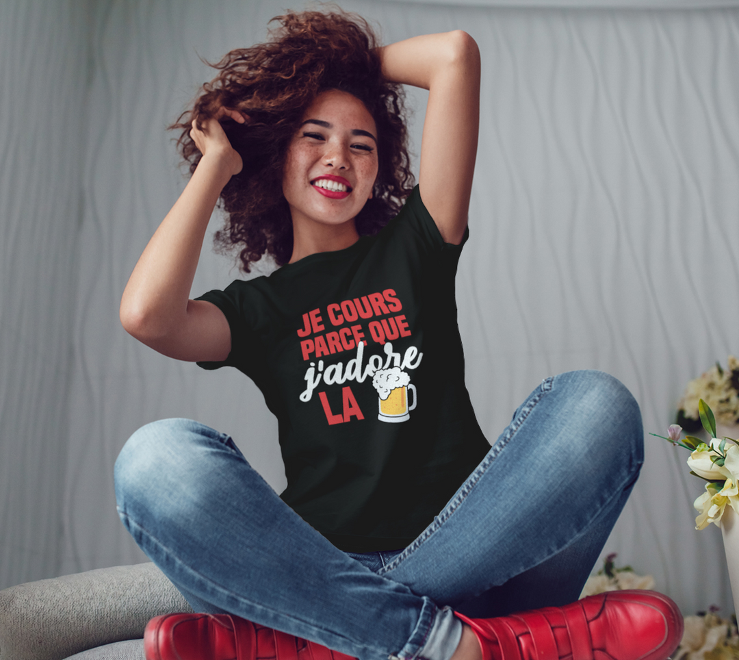 T-shirt je cours parce que j’adore la biere Noir