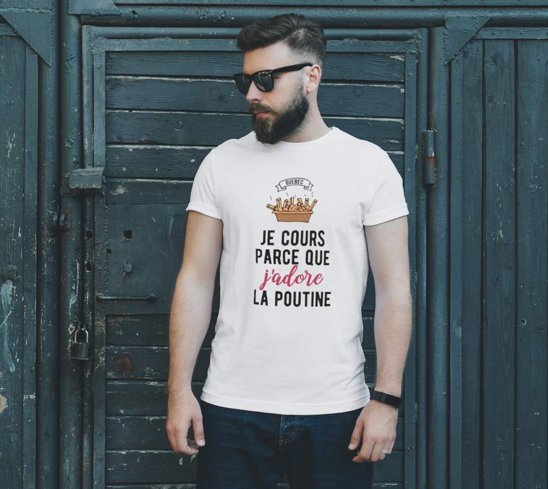 T-shirt homme je cours parce que j’adore la poutine Blanc