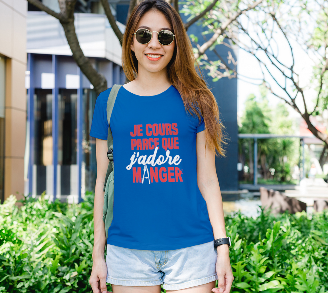 T-shirt je cours parce que j’adore manger Bleu