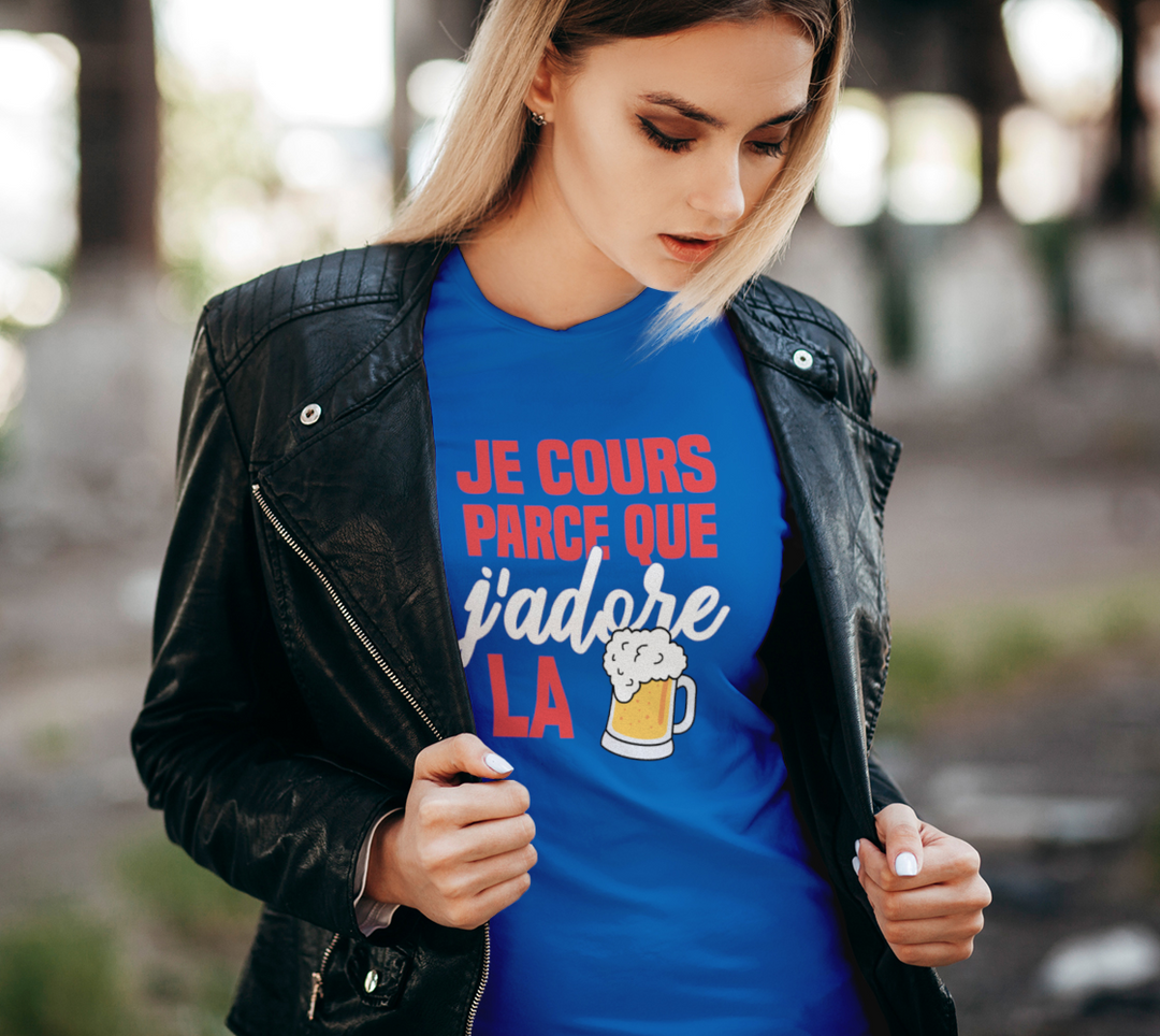 T-shirt je cours parce que j’adore la biere Bleu