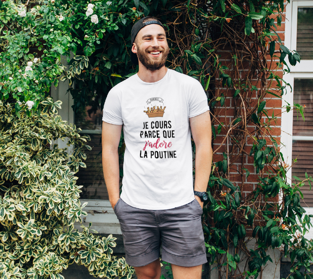 T-shirt homme je cours parce que j’adore la poutine Blanc