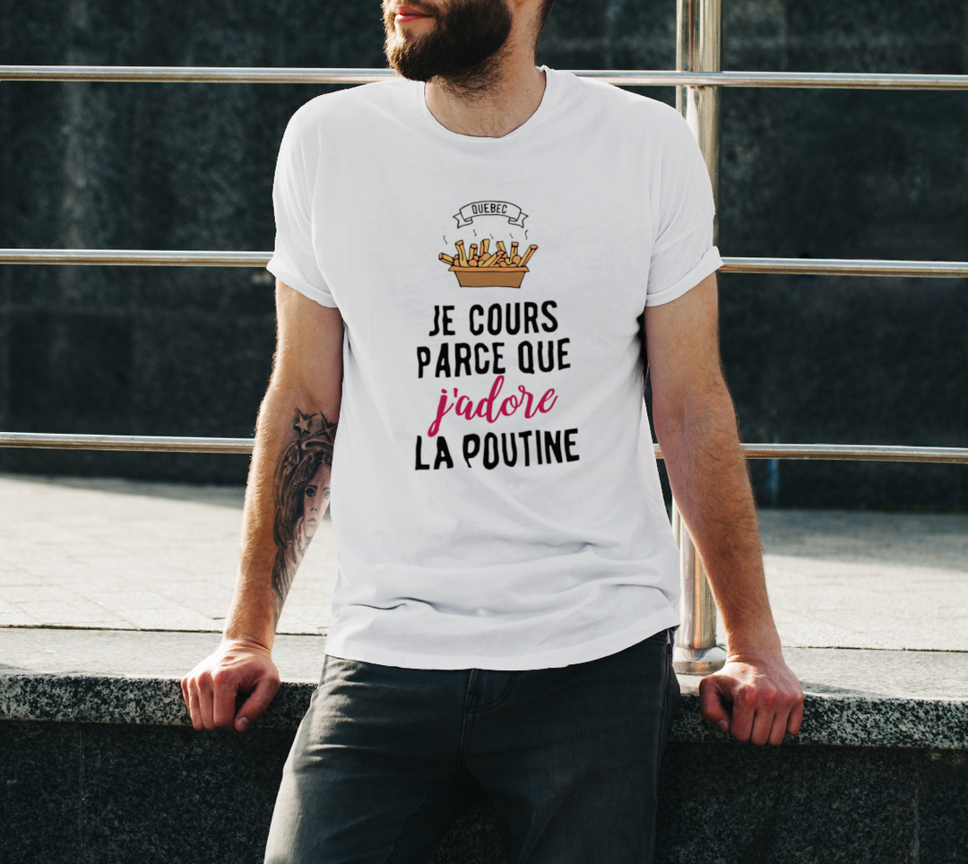 T-shirt homme je cours parce que j’adore la poutine Blanc