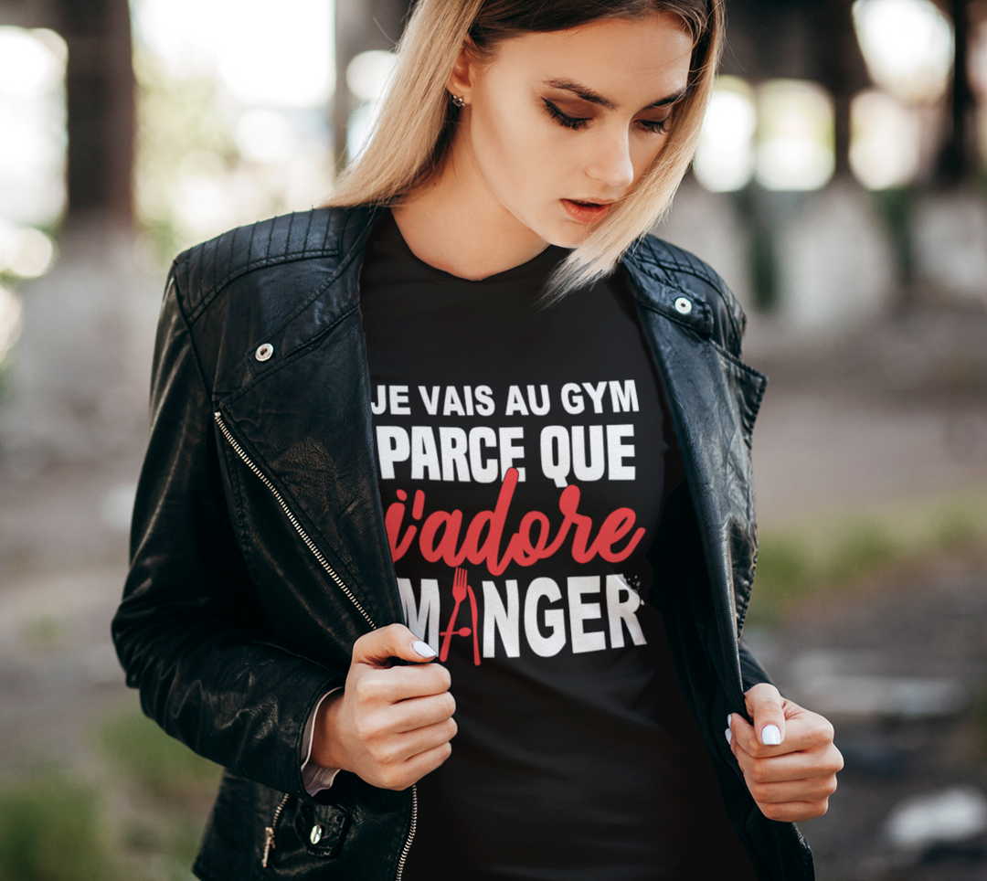 T-shirt je cours parce que j’adore manger Noir