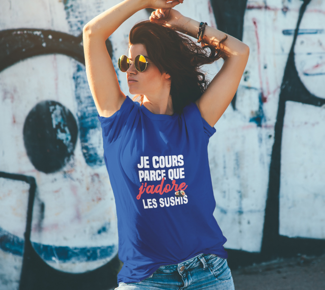 T-shirt je cours parce que j’adore les sushis Hbleu